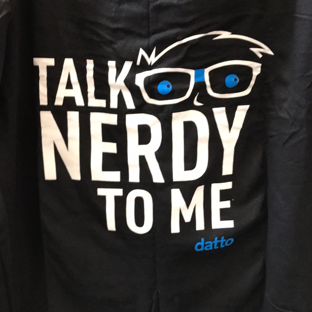 TALK NERDY TO ME  LOL  JET BLACK W WHITE BLUE SIZE LARGE